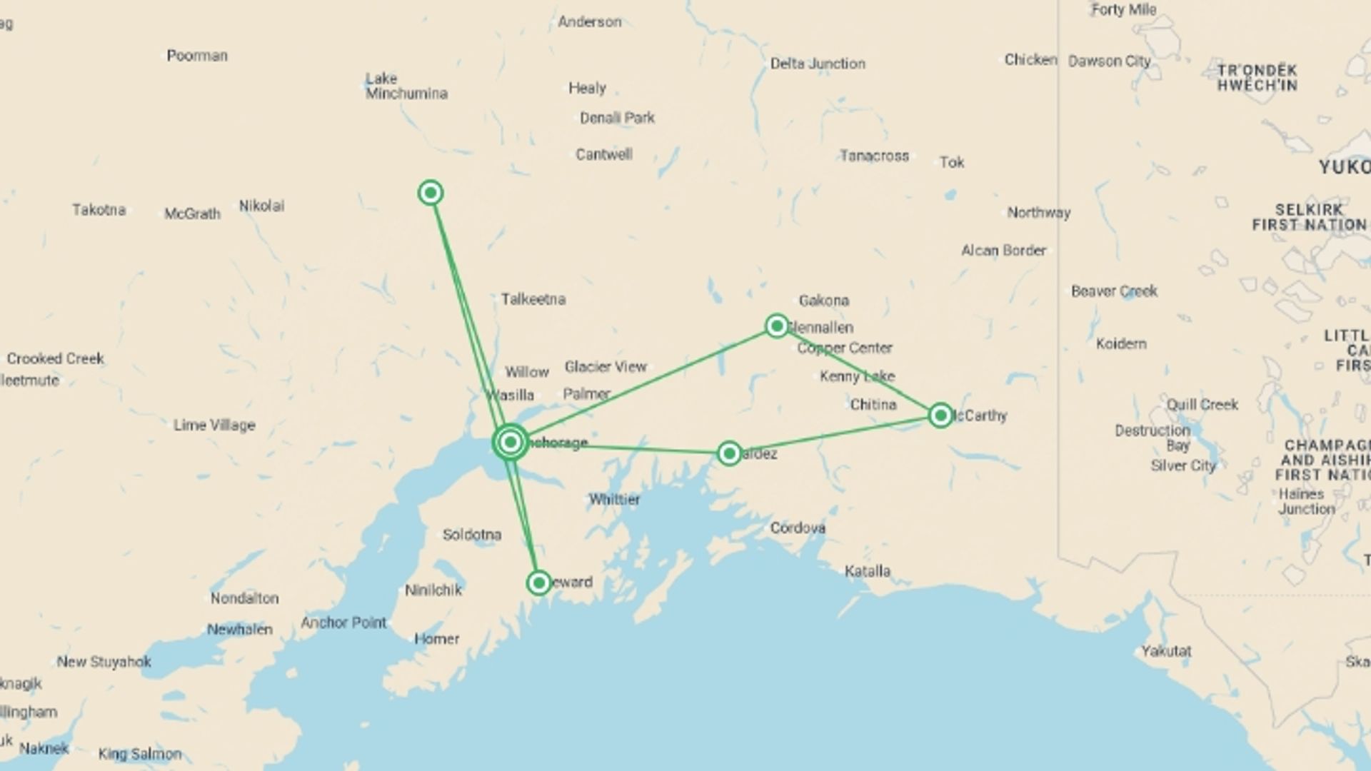 A map showing the tour itinerary for the trip: Ultimate Active Alaska, starting in Anchorage, USA and ending in Anchorage, USA going through 2 other destinations.