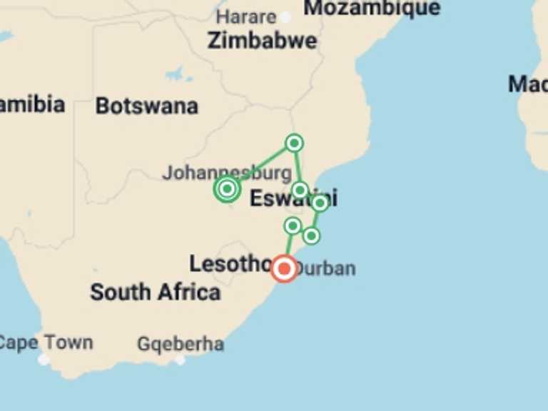 Map of Africa Wildlife safaris and game drives Tour with 7 destination visits for the trip: Kruger & Coast
