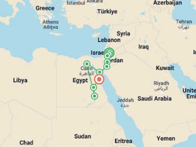 Map of 16-Day Luxor Tour with 9 destination visits for the trip: Magical Jordan, Beauties of the Nile and Hurghada