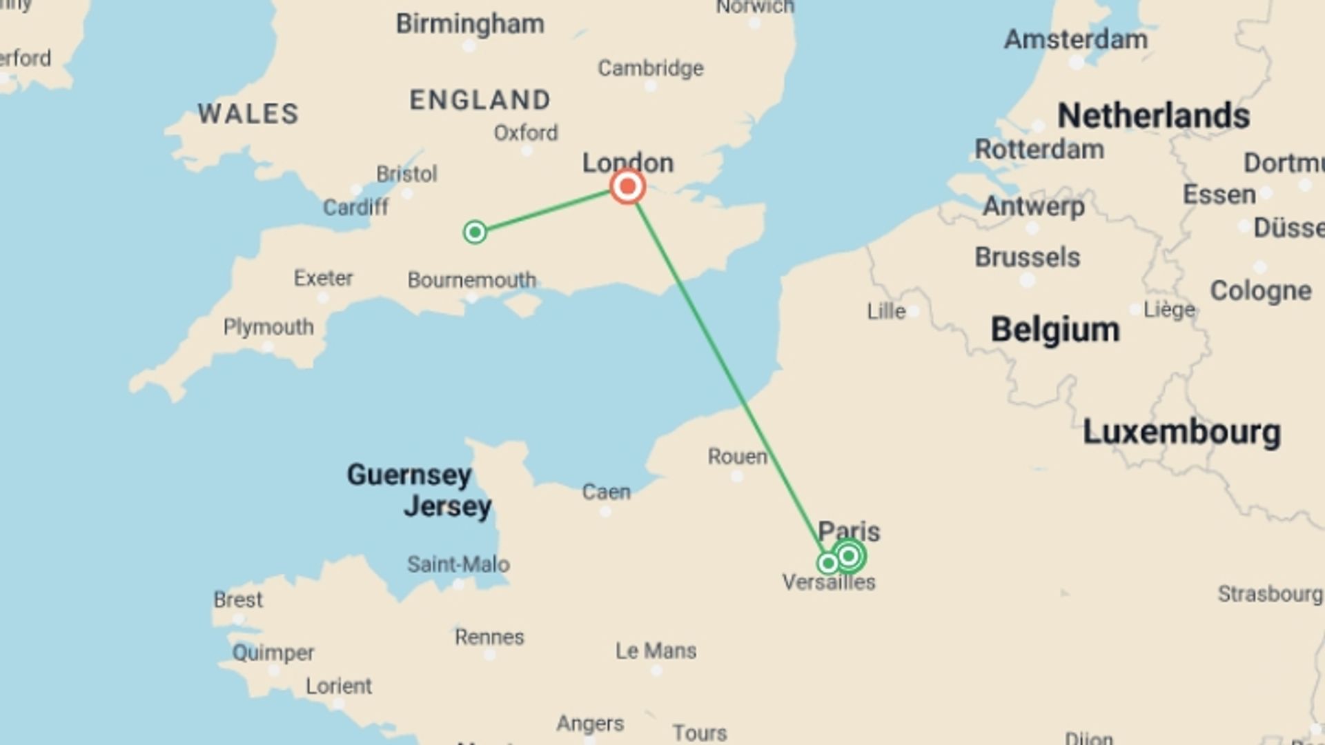 A map showing the tour itinerary for the trip: A Week Exploring Paris and London, starting in Paris, France and ending in London, England going through 2 other destinations.