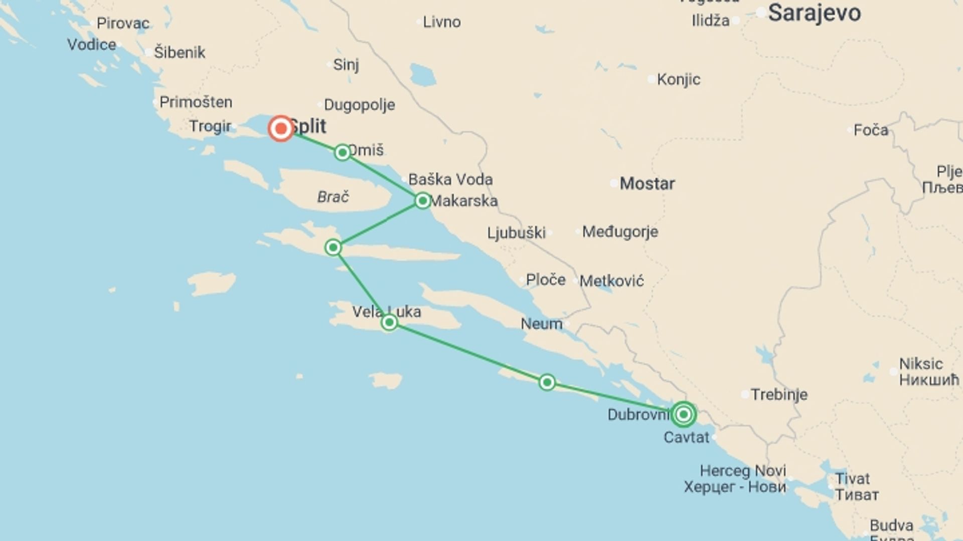 A map showing the tour itinerary for the trip: Sail Dubrovnik to Split / Premier Boat, starting in Dubrovnik, Croatia and ending in Split, Croatia going through 5 other destinations.