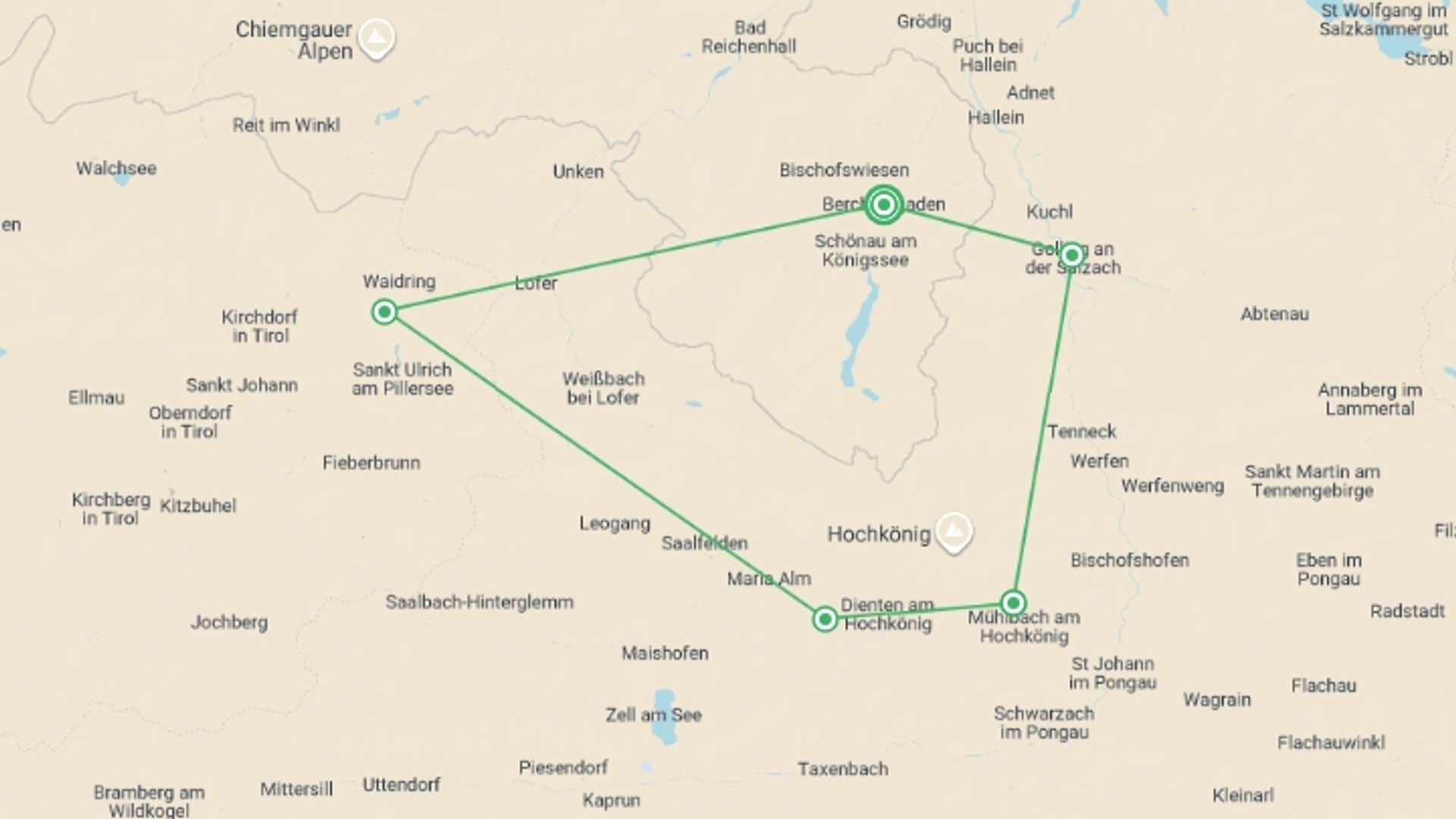 A map showing the tour itinerary for the trip: Hiking in Bavaria, starting in Berchtesgaden, Germany and ending in Berchtesgaden, Germany going through 4 other destinations.