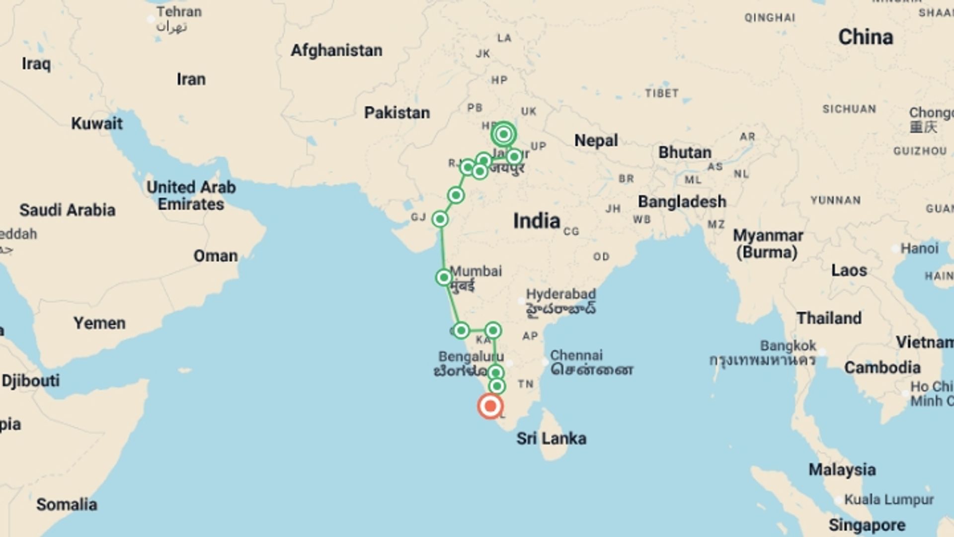A map showing the tour itinerary for the trip: Delhi to Kochi: Hampi Ruins & The Taj Mahal, starting in New Delhi, India and ending in Kerala & Tamil Nadu, India going through 11 other destinations.