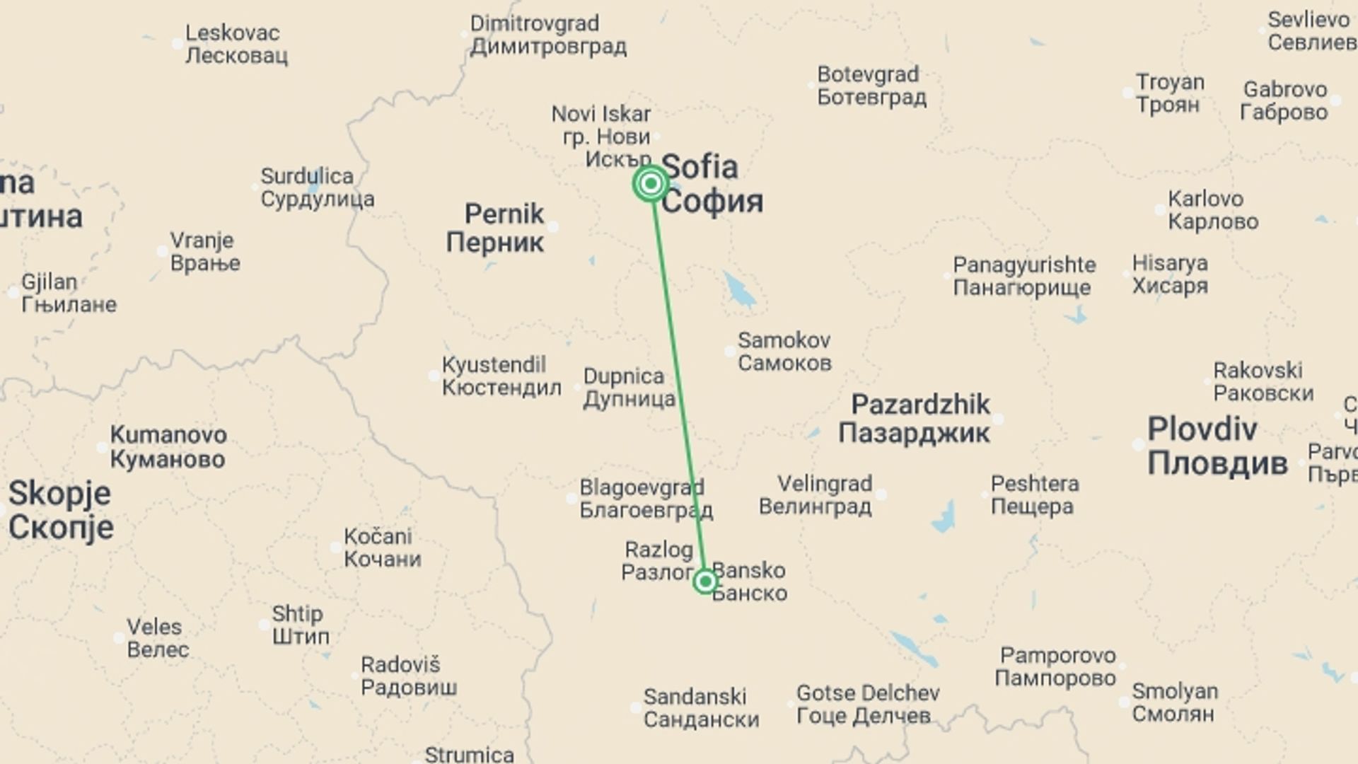 A map showing the tour itinerary for the trip: Bansko Explorer: Standard Pack, starting in Sofia, Bulgaria and ending in Sofia, Bulgaria going through 1 other destinations.