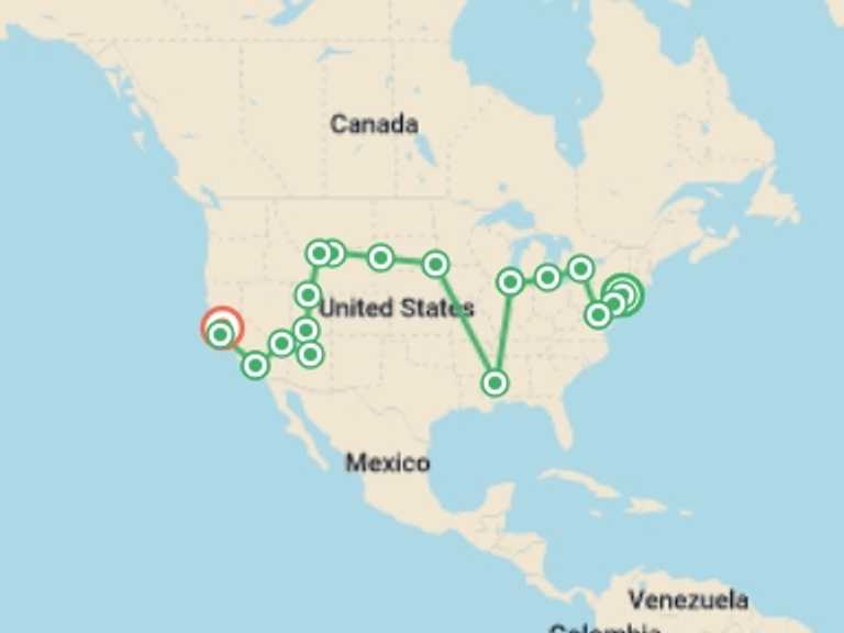 Map of Bryce Canyon National Park Tour with 16 destination visits for the trip: The Great American Crossing
