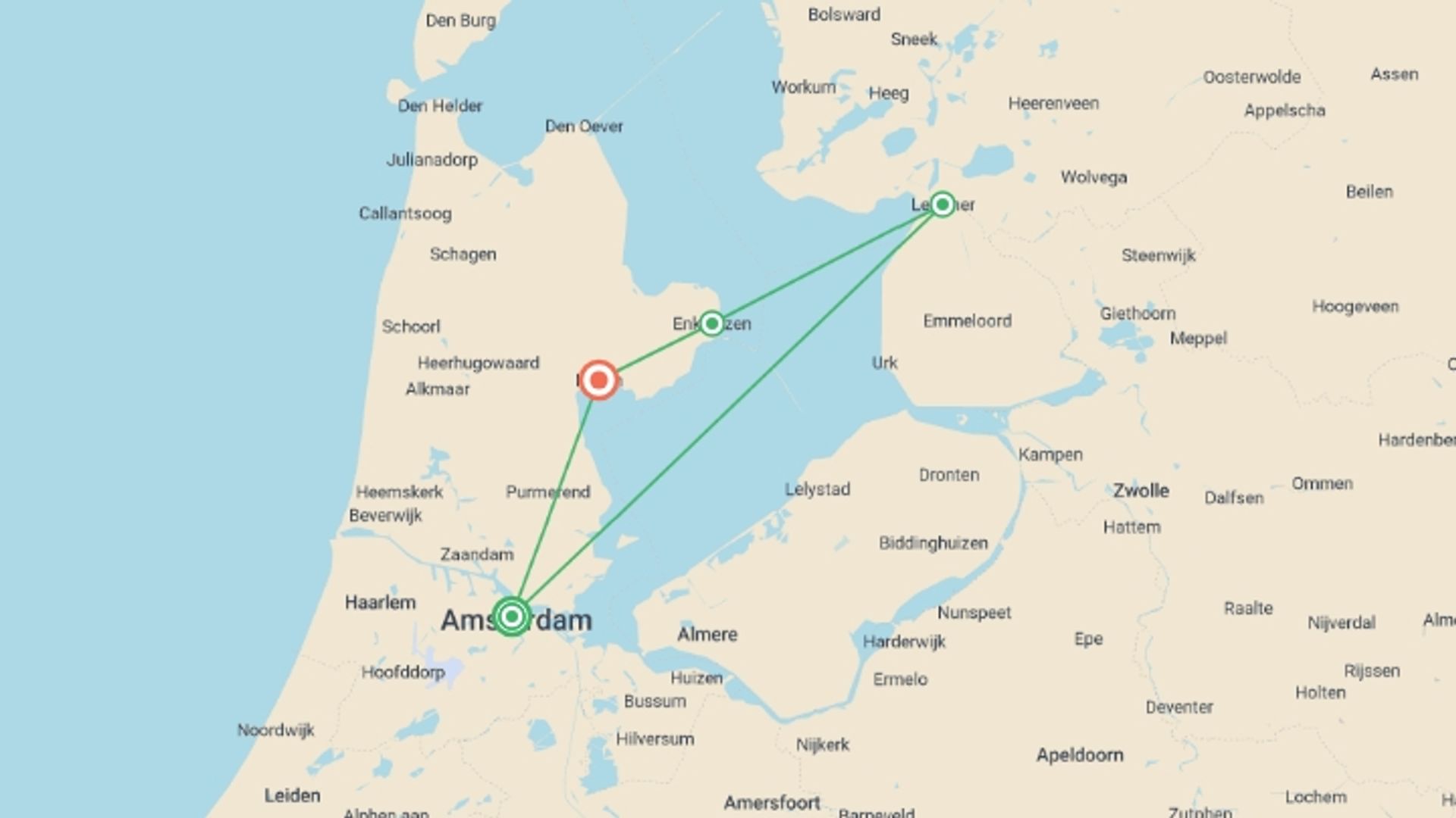 A map showing the tour itinerary for the trip: Cruise on the IJsselmeer, one of Holland's treasures (port-to-port cruise), starting in Amsterdam, Holland and ending in Hoorn, Holland going through 2 other destinations.