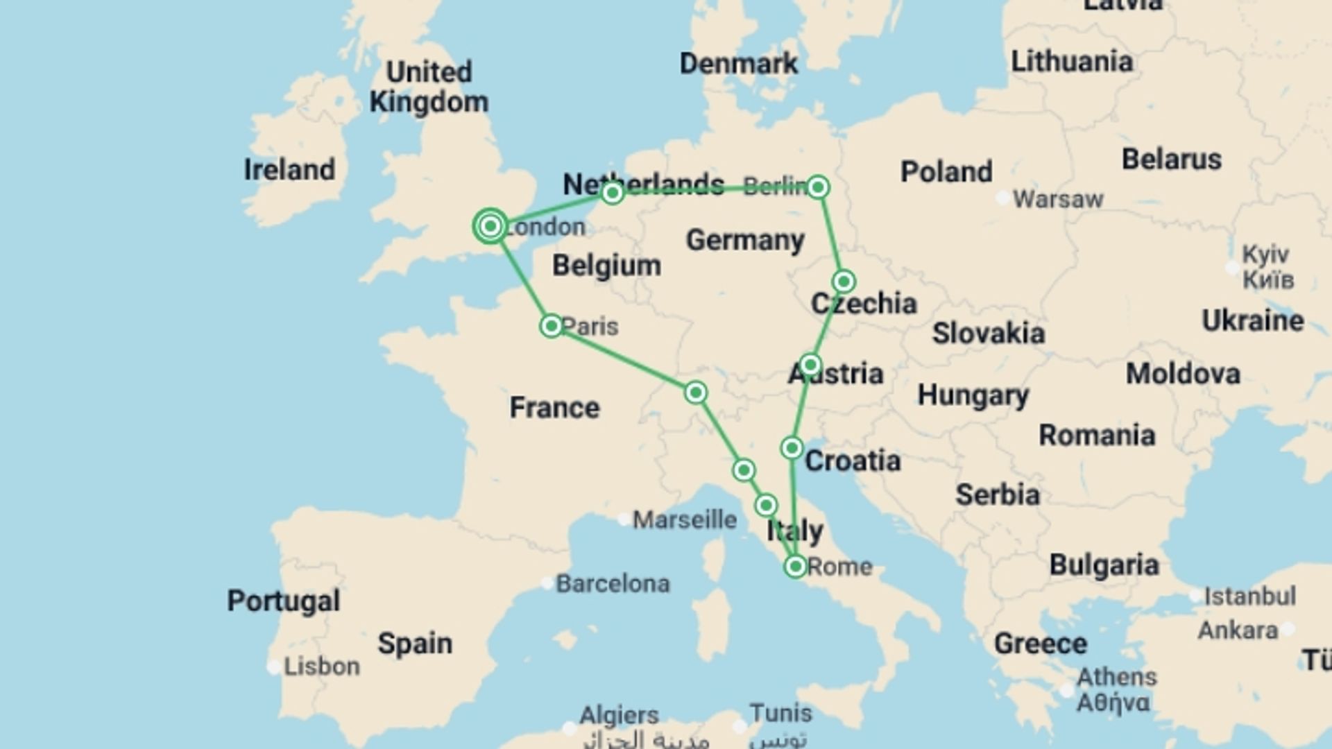 A map showing the tour itinerary for the trip: European Encounter, starting in London, England and ending in London, England going through 10 other destinations.