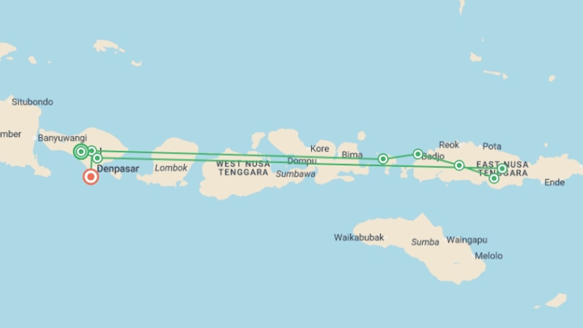 A map showing the tour itinerary for the trip: Discover Bali, Flores and Komodo Islands, starting in Belimbing, Indonesia and ending in Anja Jimbaran, Indonesia going through 7 other destinations.