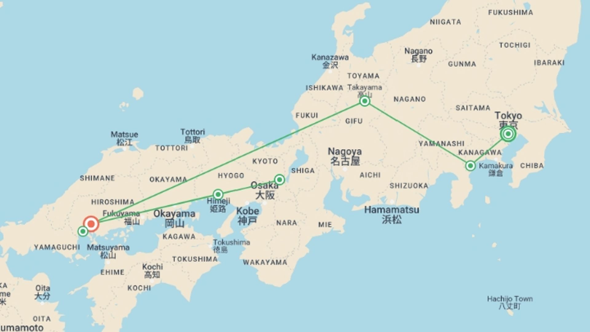 A map showing the tour itinerary for the trip: Highlights of Japan, starting in Tokyo, Japan and ending in Hiroshima, Japan going through 4 other destinations.