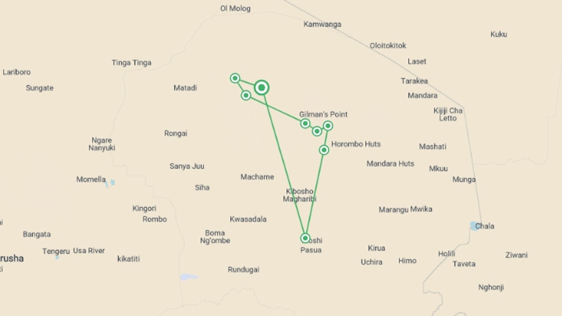 A map showing the tour itinerary for the trip: 7-Day Kilimanjaro Climbing via Lemosho Route, starting in Kilimanjaro Lemosho route, Tanzania and ending in Kilimanjaro Lemosho route, Tanzania going through 9 other destinations.
