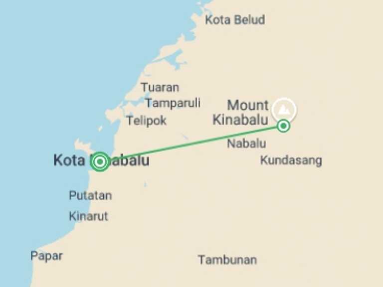Map itinerary of Malaysia Tour in August 2026 with 2 destination visits for the trip: Trek Mt Kinabalu