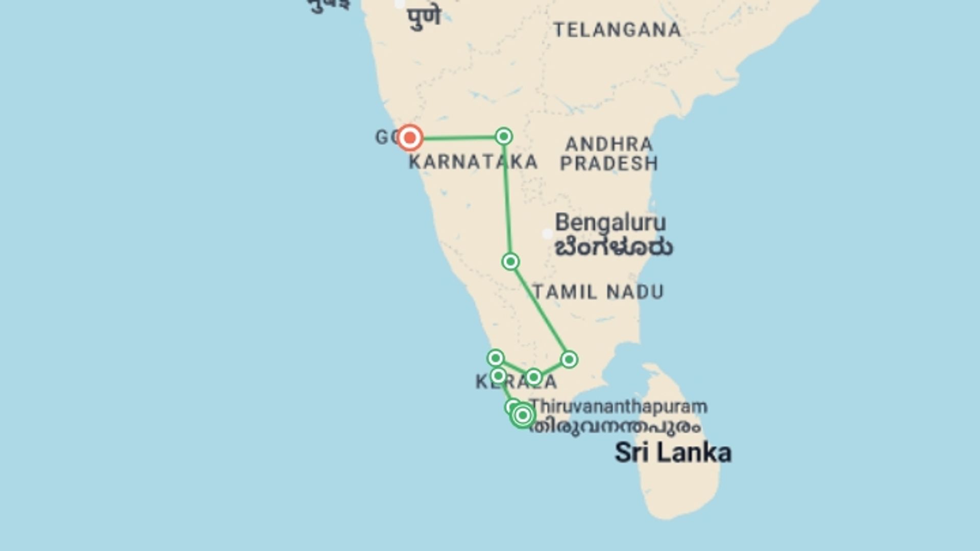 A map showing the tour itinerary for the trip: South India Revealed, starting in Trivandrum, India and ending in Goa, India going through 7 other destinations.