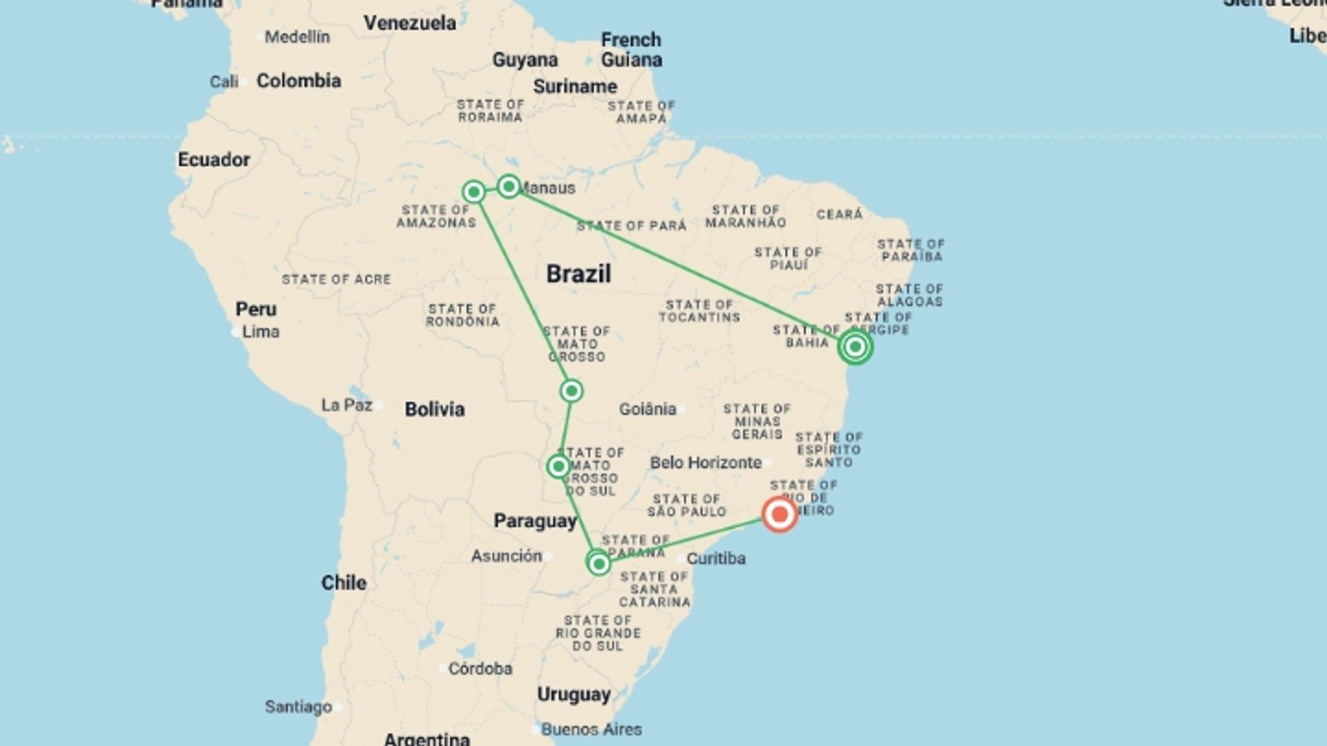 A map showing the tour itinerary for the trip: Pure Brazil, starting in Salvador, Brazil and ending in Rio de Janeiro, Brazil going through 7 other destinations.