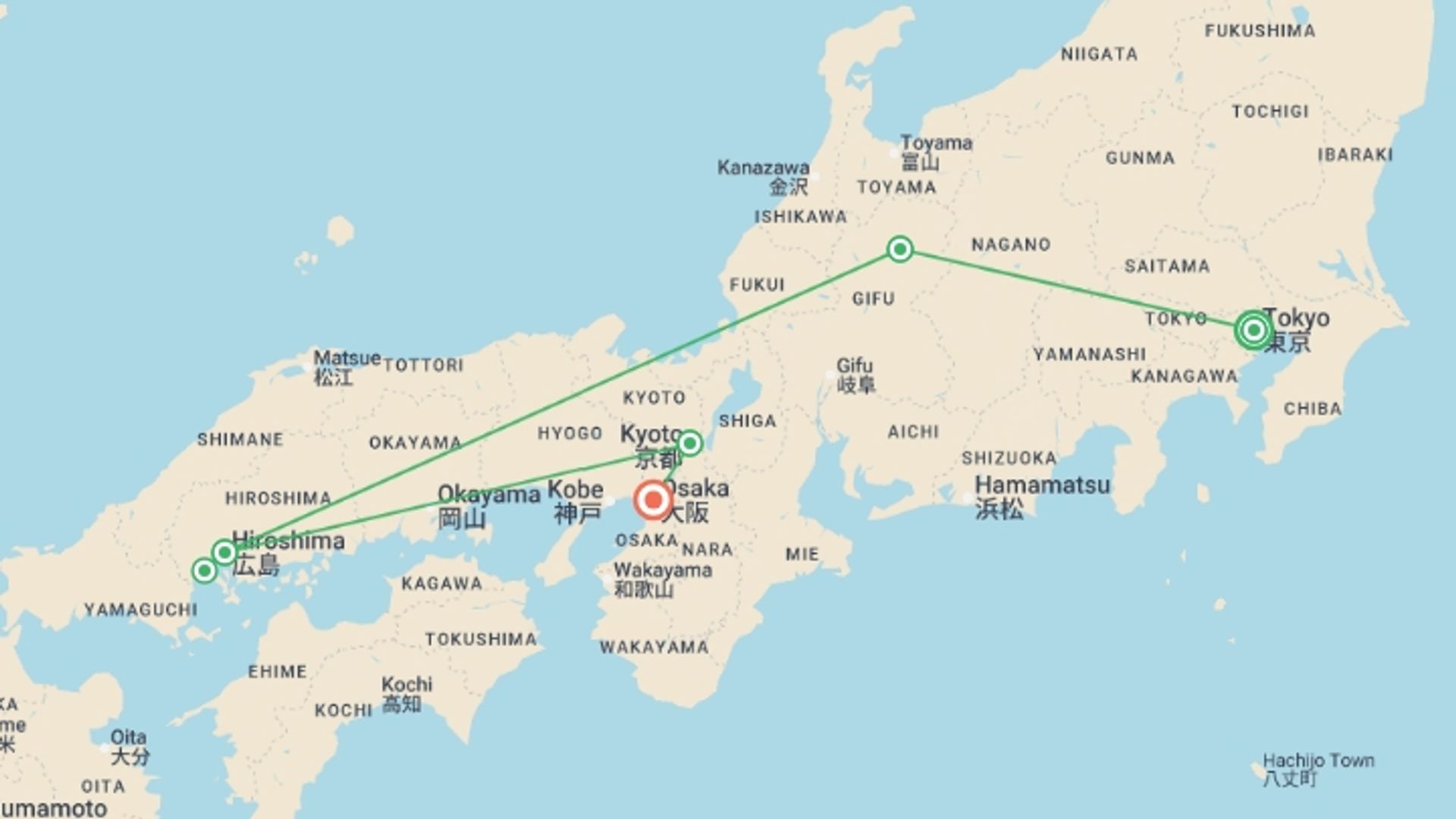 A map showing the tour itinerary for the trip: Japan: Sushi & Shrines, starting in Tokyo, Japan and ending in Osaka, Japan going through 3 other destinations.