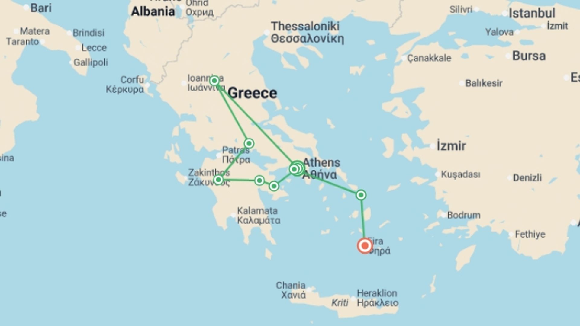 A map showing the tour itinerary for the trip: Ancient Greece with Mykonos & Santorini - 11 days, starting in Athens, Greece and ending in Santorini, Greece going through 4 other destinations.