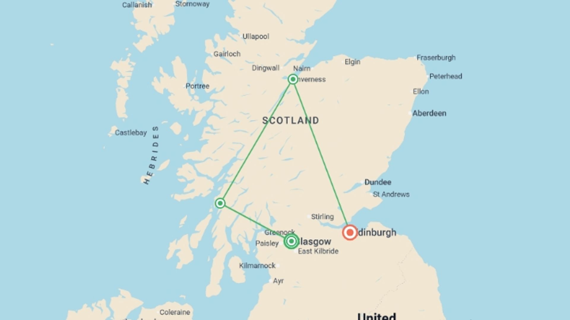 A map showing the tour itinerary for the trip: Scotland: Land of Lore & Legend , starting in Glasgow, Scotland and ending in Edinburgh, Scotland going through 2 other destinations.