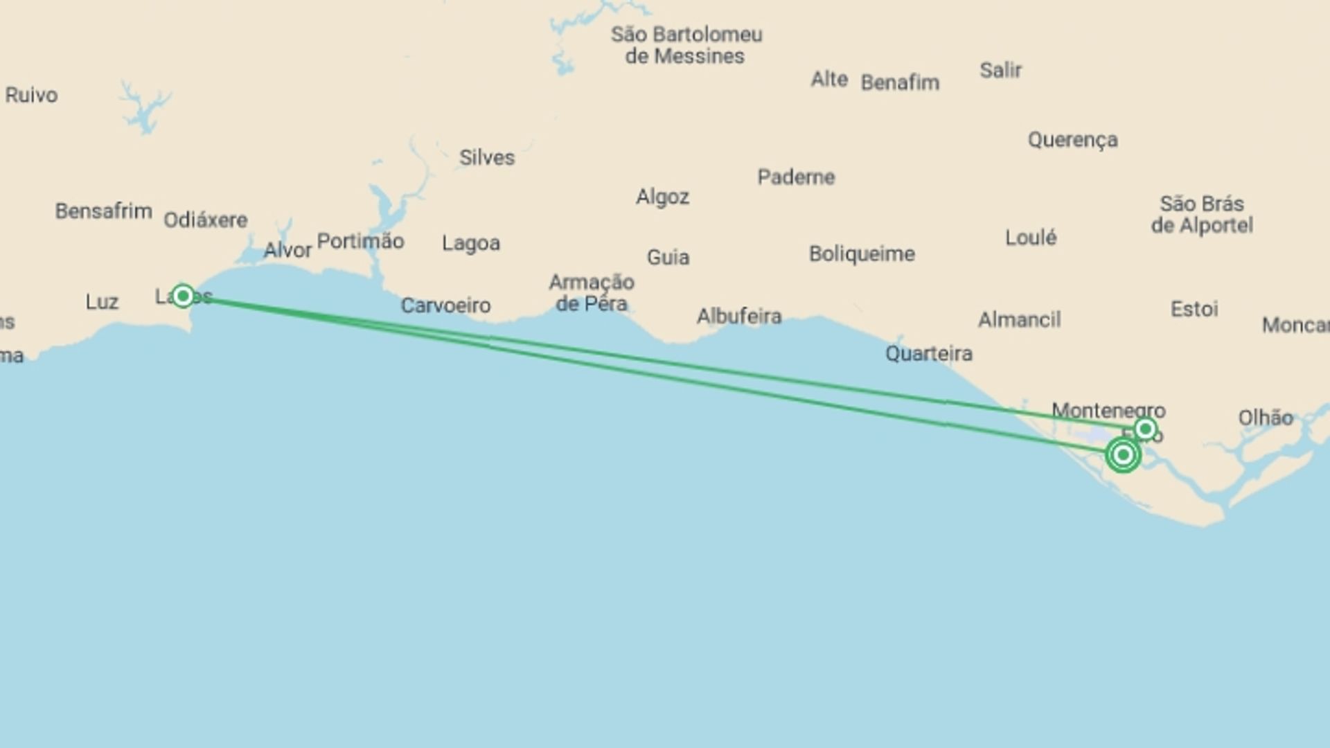 A map showing the tour itinerary for the trip: Portugal Beach Escape, starting in Algarve, Portugal and ending in Algarve, Portugal going through 3 other destinations.