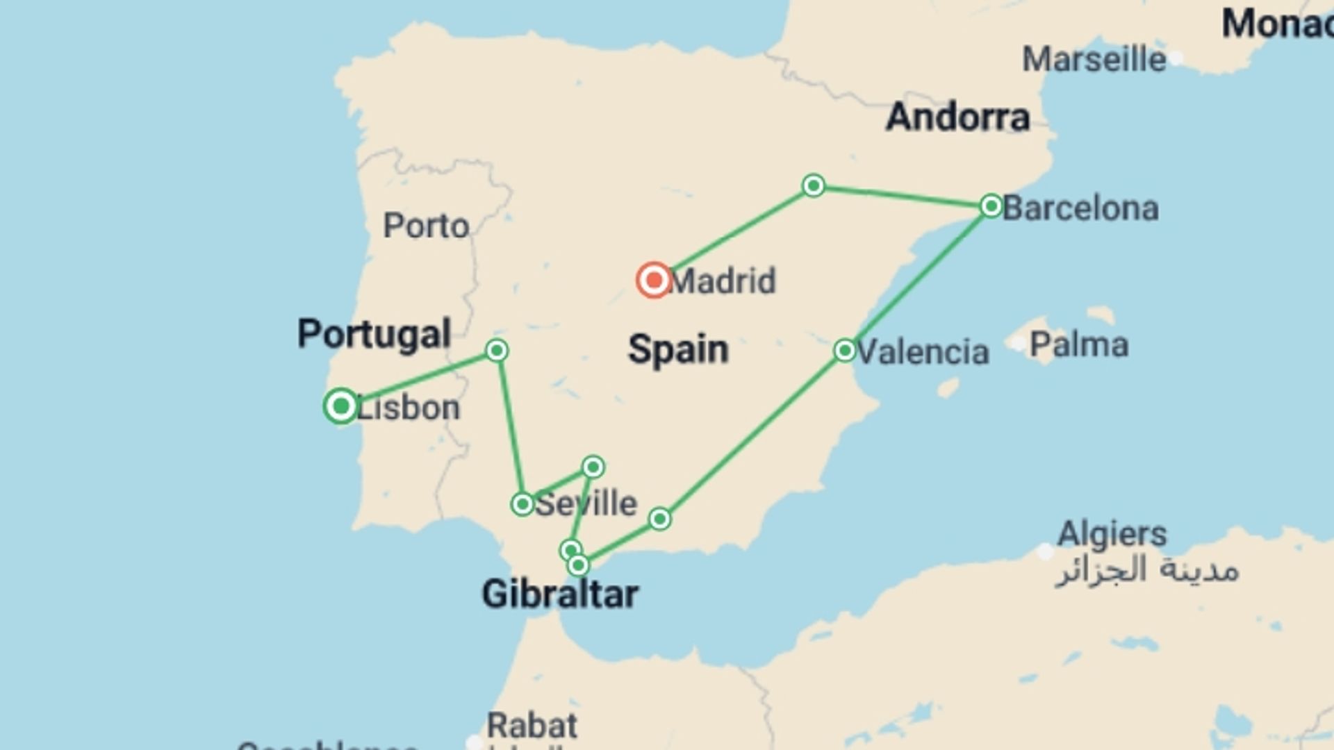 A map showing the tour itinerary for the trip: Lisbon to Andalucia, Barcelona & Madrid - 9 days, starting in Lisbon, Portugal and ending in Madrid, Spain going through 6 other destinations.