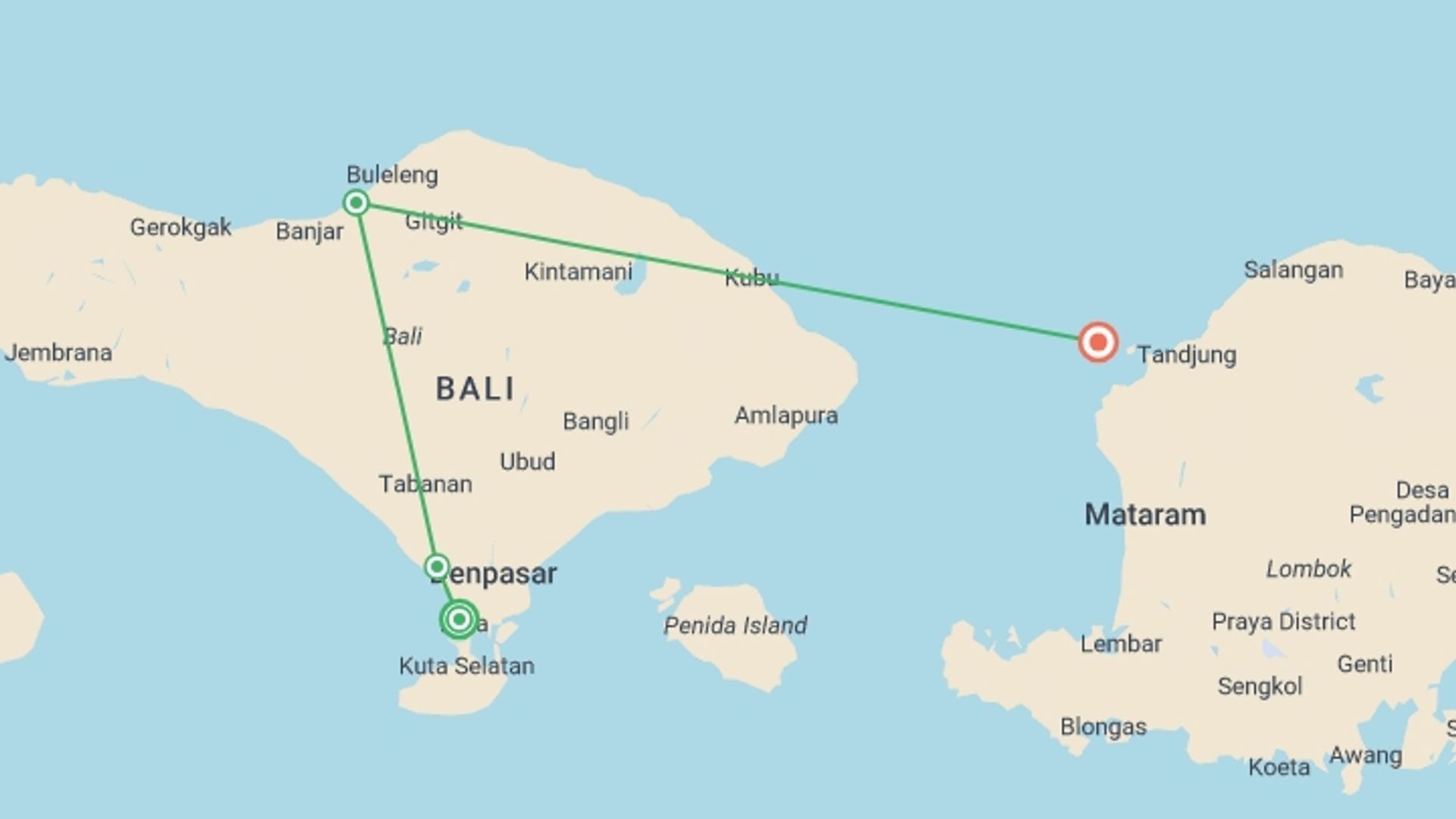 A map showing the tour itinerary for the trip: Bali Intro 9 day, starting in Kuta, Indonesia and ending in Gili Trawangan, Indonesia going through 4 other destinations.