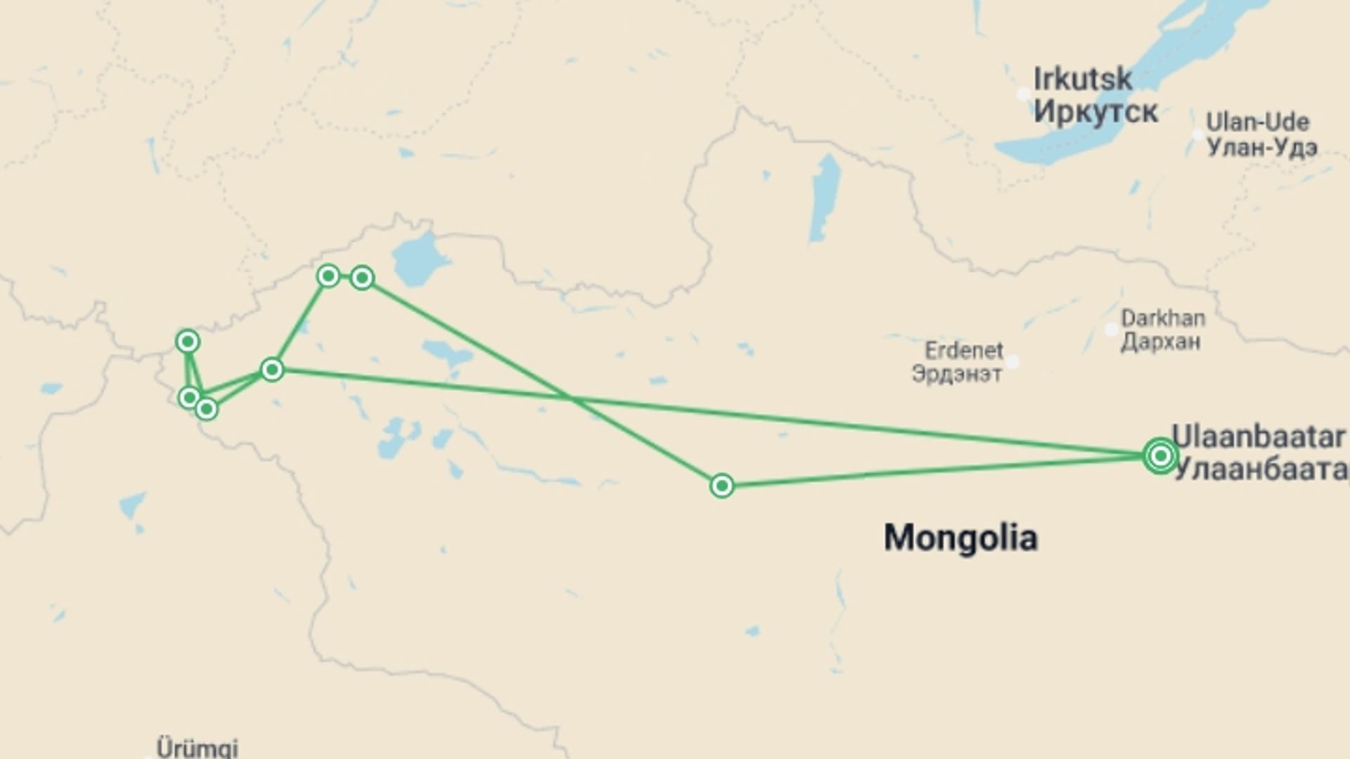 A map showing the tour itinerary for the trip: Mongolian Panorama, starting in Ulaanbaatar, Mongolia and ending in Ulaanbaatar, Mongolia going through 7 other destinations.