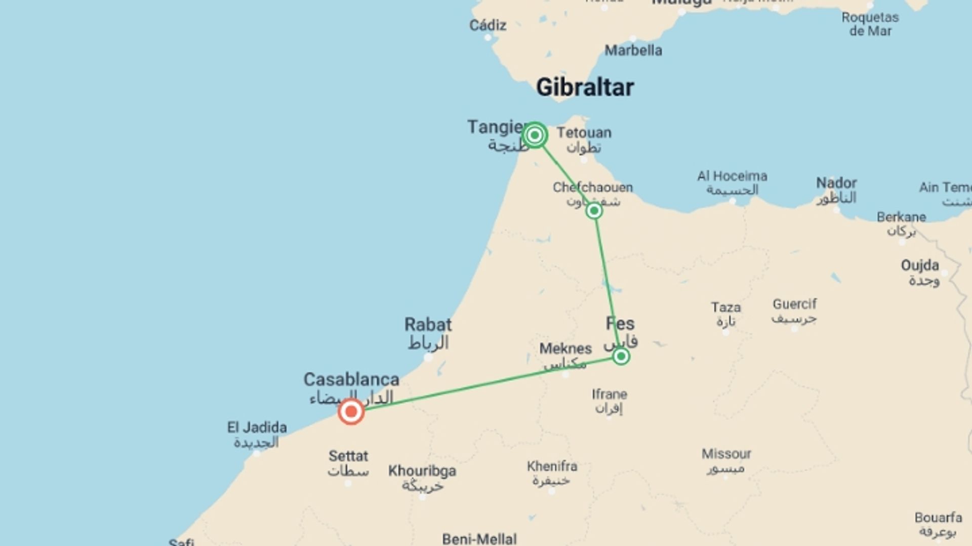 A map showing the tour itinerary for the trip: Morocco Northern Discovery, starting in Tangier, Morocco and ending in Casablanca, Morocco going through 2 other destinations.