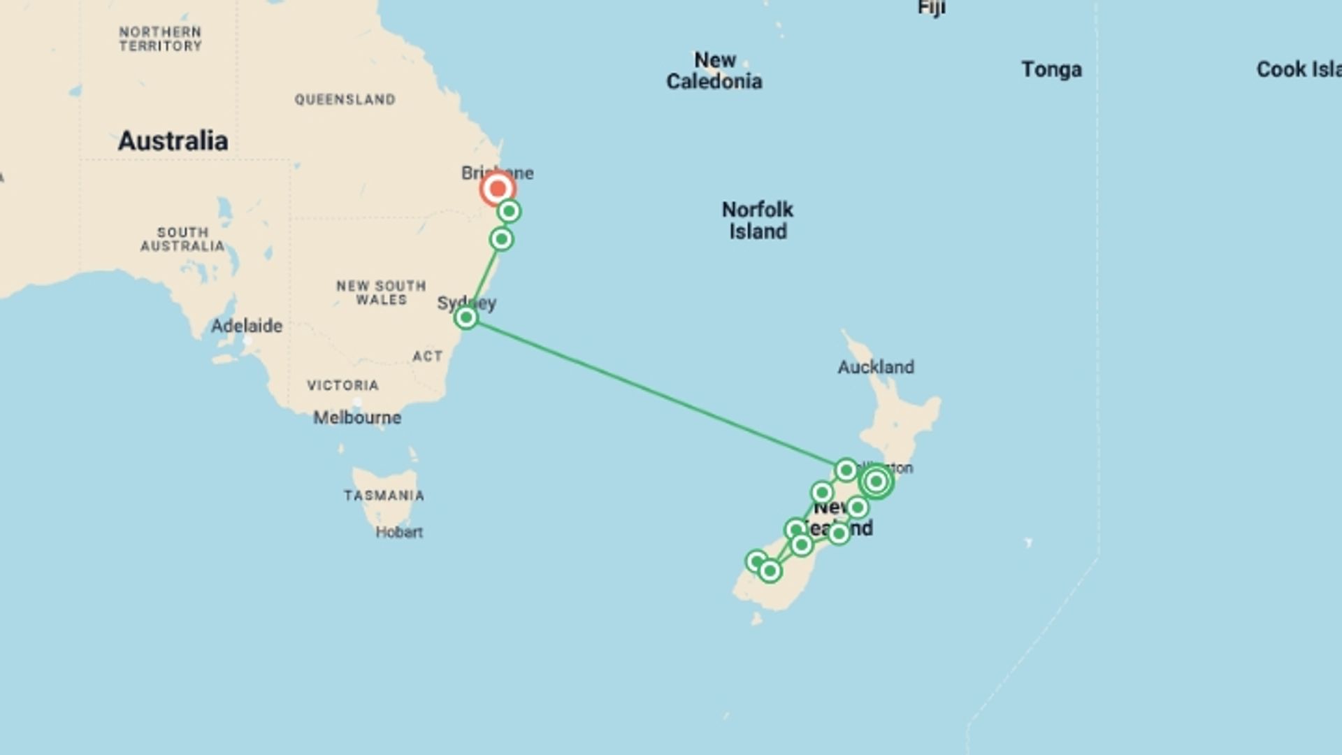 A map showing the tour itinerary for the trip: Australia And New Zealand: Bushwalks & Beaches, starting in Wellington, New Zealand and ending in Brisbane, Australia going through 10 other destinations.