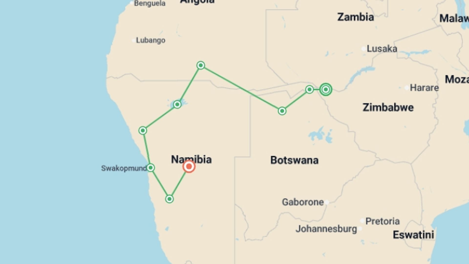 A map showing the tour itinerary for the trip: Falls, Botswana & Namibia 2027 - 15 days, starting in Victoria Falls, Zimbabwe and ending in Windhoek, Namibia going through 7 other destinations.
