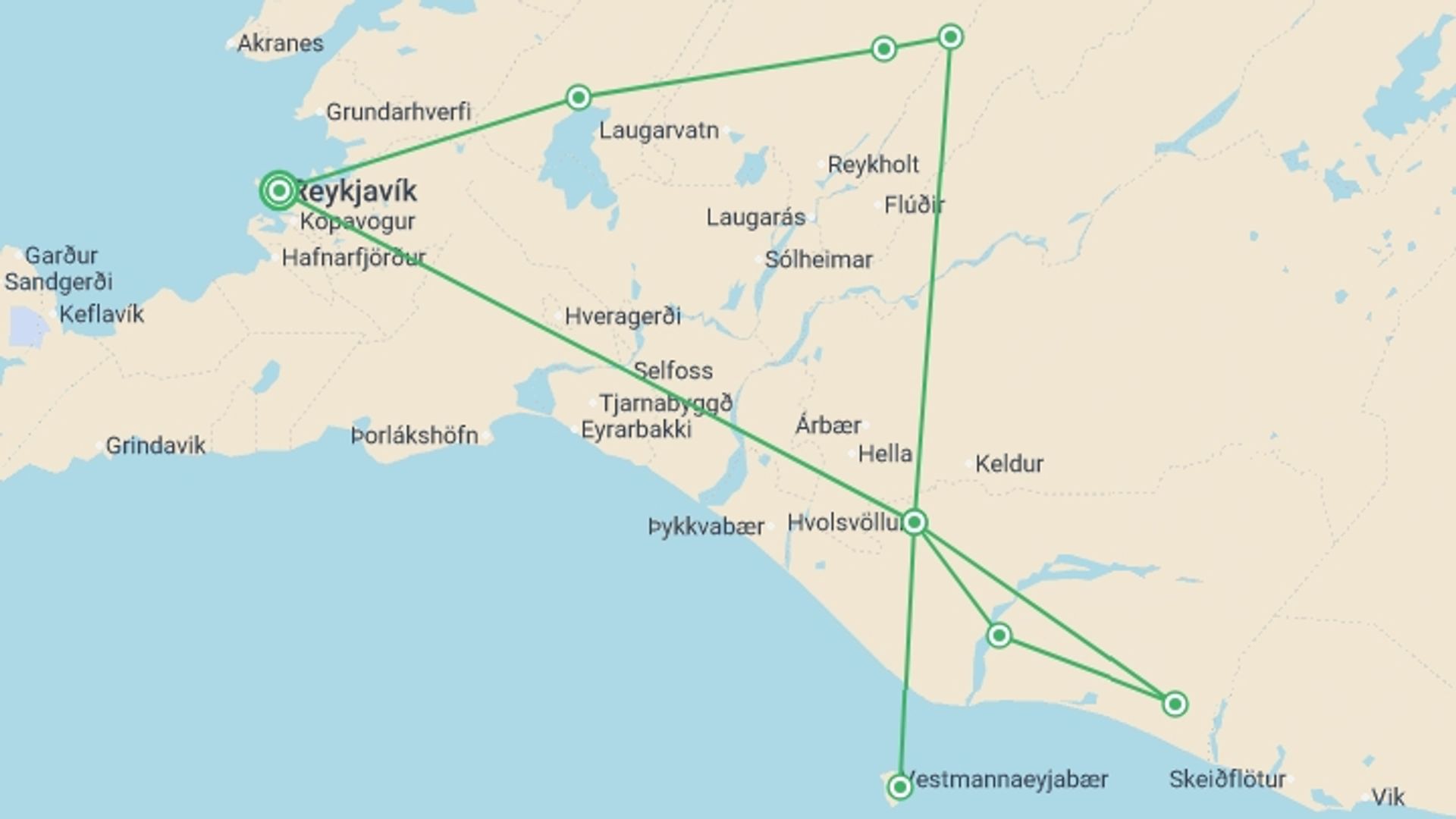 A map showing the tour itinerary for the trip: Iceland: Hike, Bike & Kayak, starting in Reykjavik, Iceland and ending in Reykjavik, Iceland going through 1 other destinations.