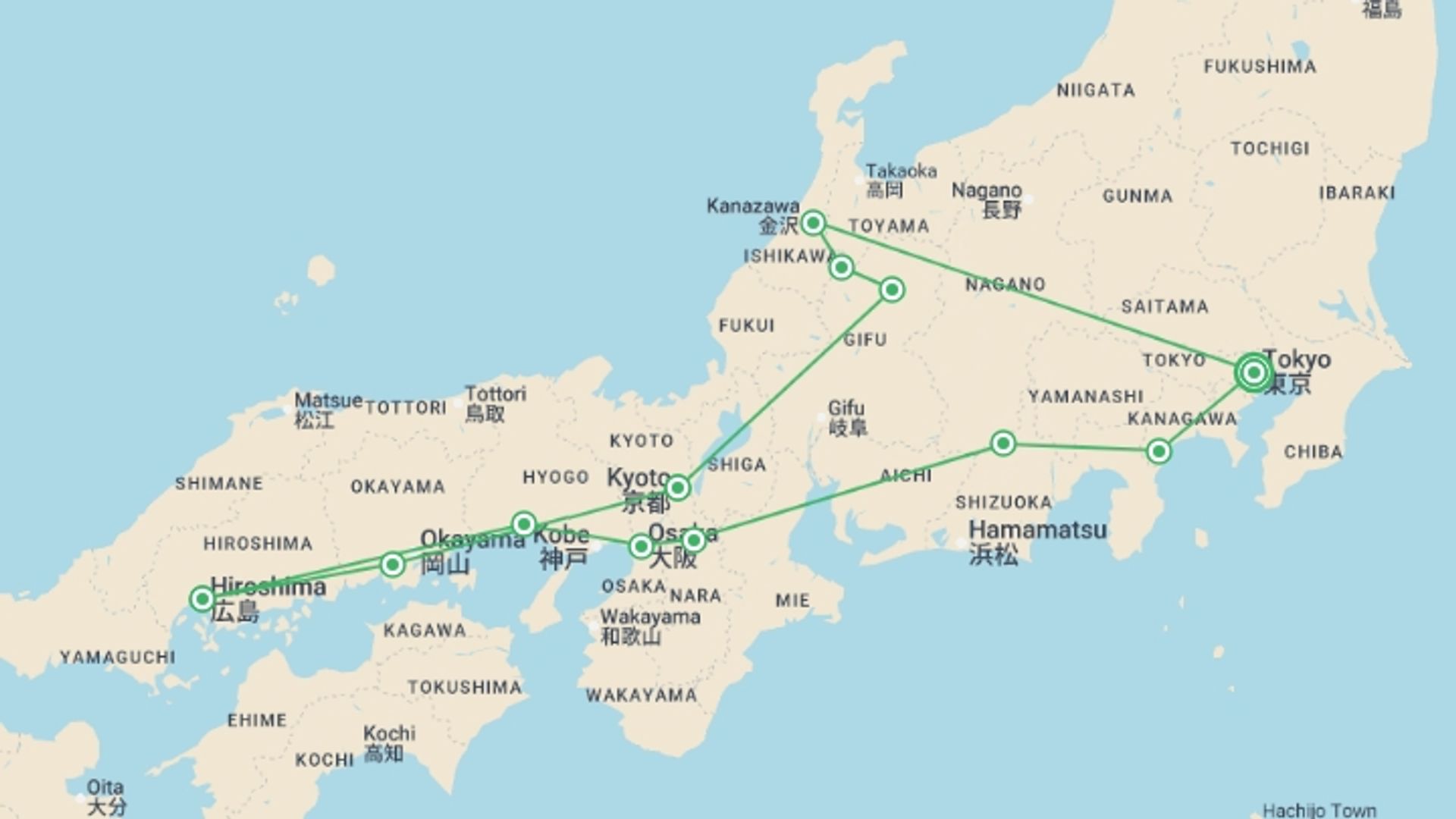 A map showing the tour itinerary for the trip: Highlights of Japan, starting in Tokyo, Japan and ending in Tokyo, Japan going through 7 other destinations.
