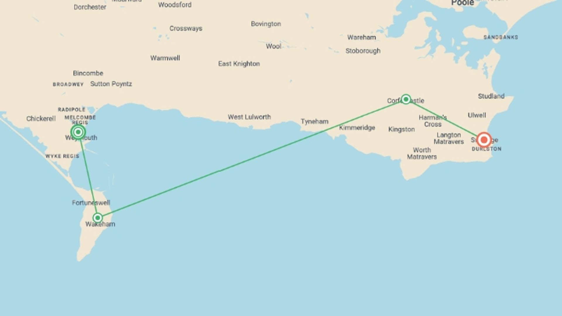 A map showing the tour itinerary for the trip: Jewels of the Jurassic Coast Walk, starting in Weymouth, England and ending in Swanage, England going through 3 other destinations.