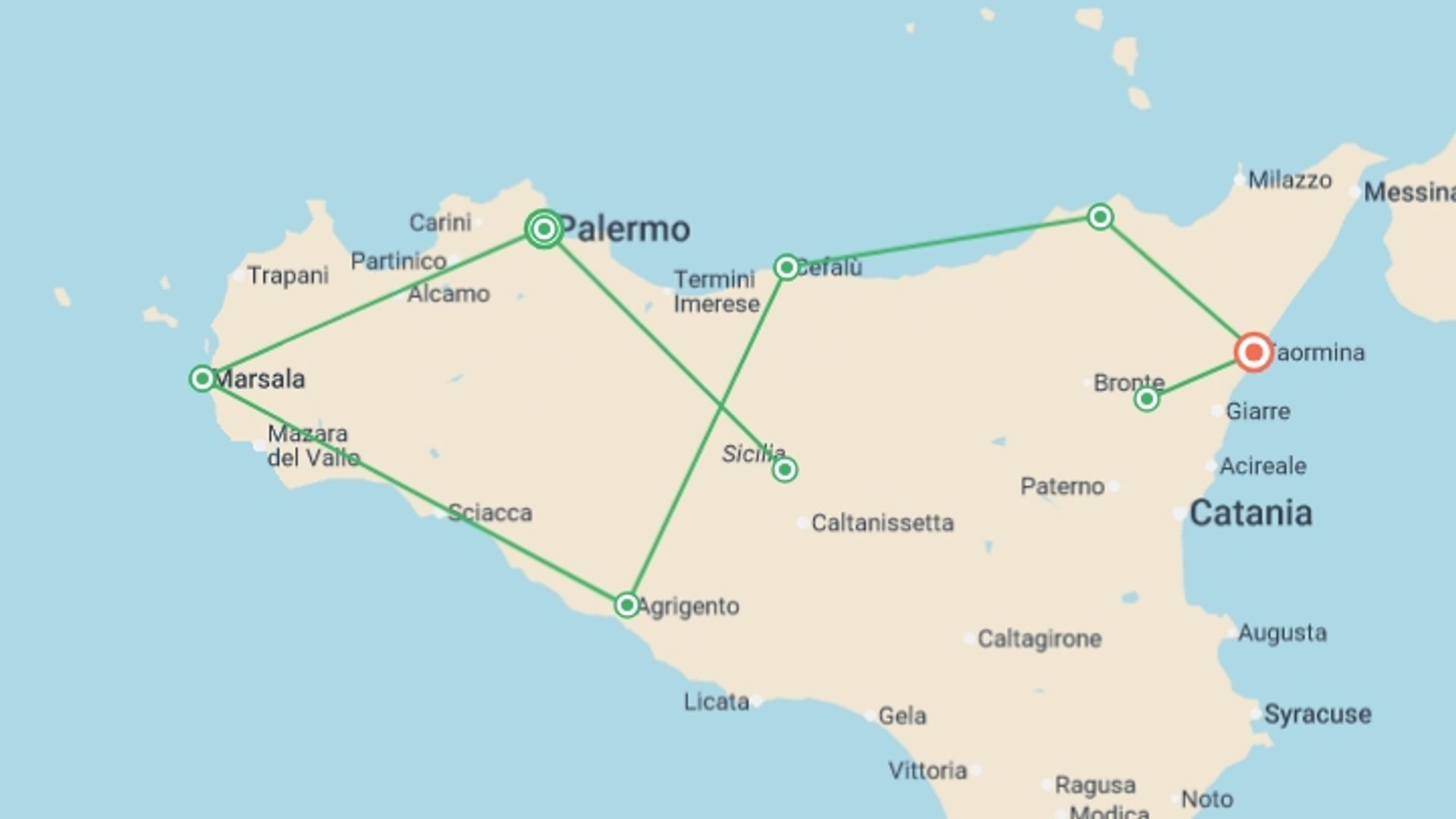 A map showing the tour itinerary for the trip: Sicily and Its Isles , starting in Palermo, Italy and ending in Taormina, Italy going through 6 other destinations.
