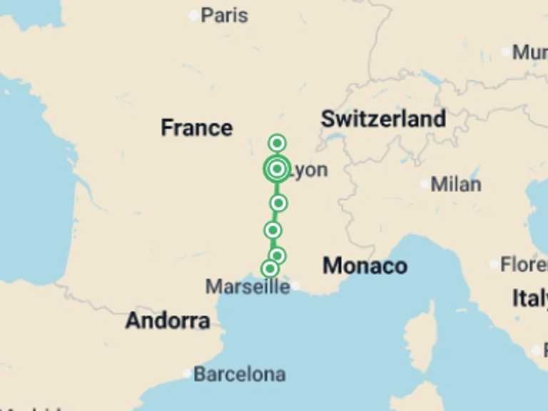 Map itinerary of Mediterranean Tour in March 2027 with 6 destination visits for the trip: Burgundy & Provence (2027)
