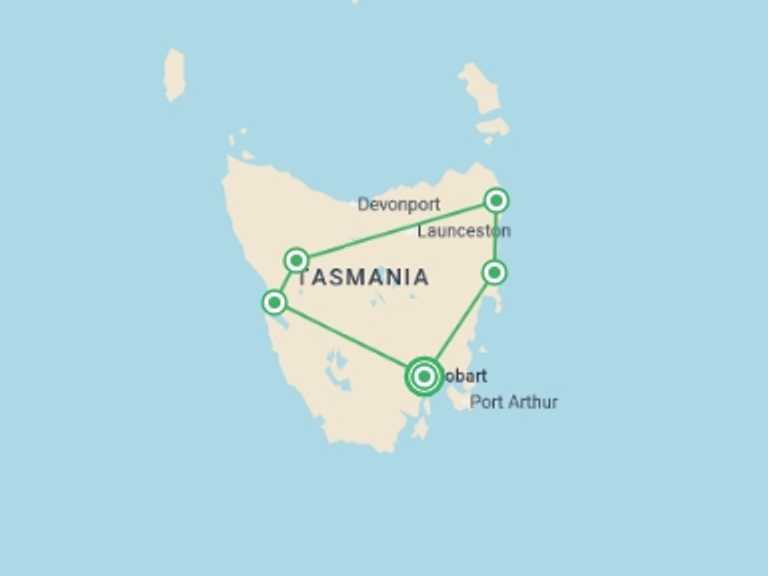 Map itinerary of Oceania Tour in January 2027 with 5 destination visits for the trip: Tasmania Adventure