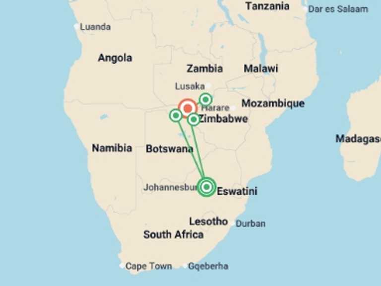 Map of Victoria Falls Wildlife safaris and game drives Tour with 5 destination visits for the trip: Wilderness of Southern Africa: Safari by Land & Water 