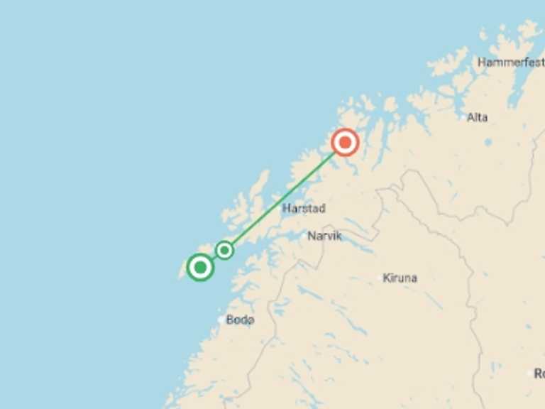 Map of Scandinavia Tour with 3 destination visits for the trip: Lofoten & Tromso Discovery - 7 days
