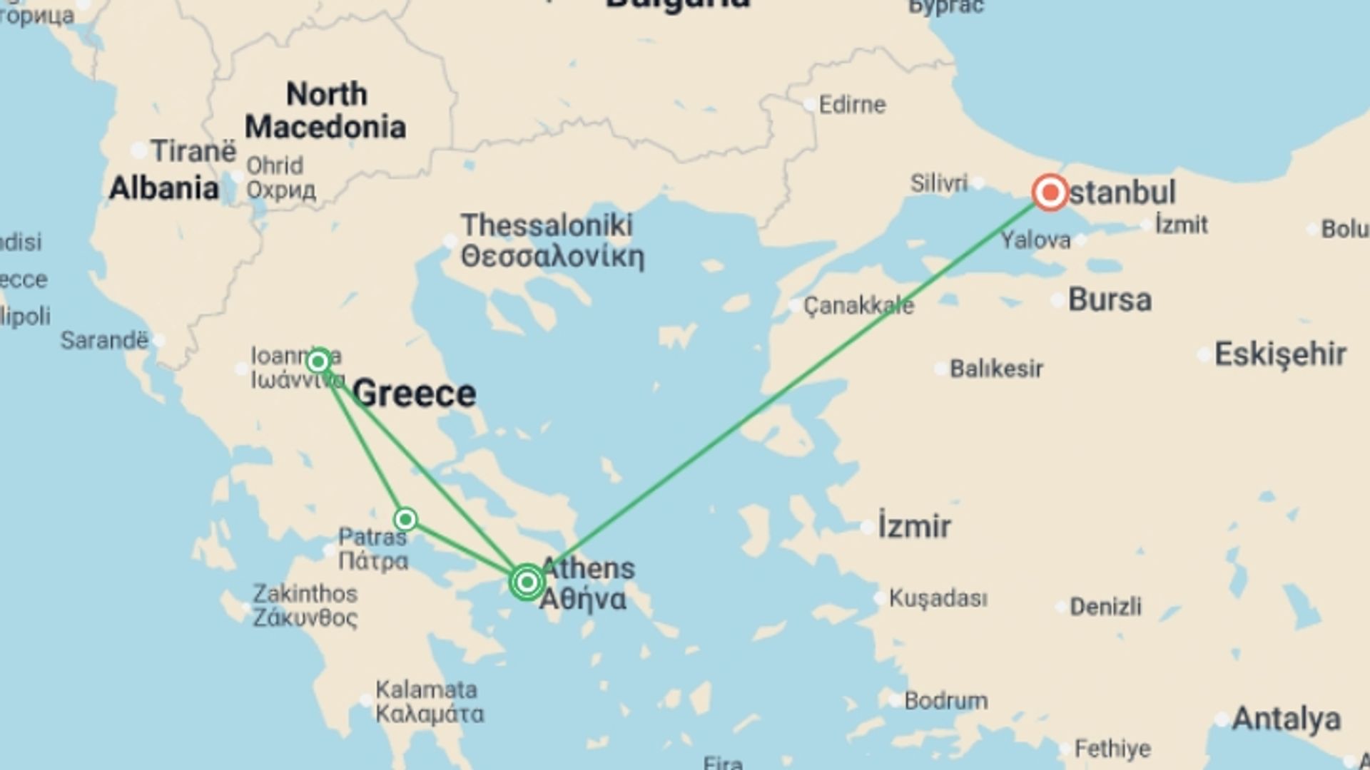 A map showing the tour itinerary for the trip: Essential Greece and Istanbul, starting in Athens, Greece and ending in Istanbul, Turkey going through 1 other destinations.