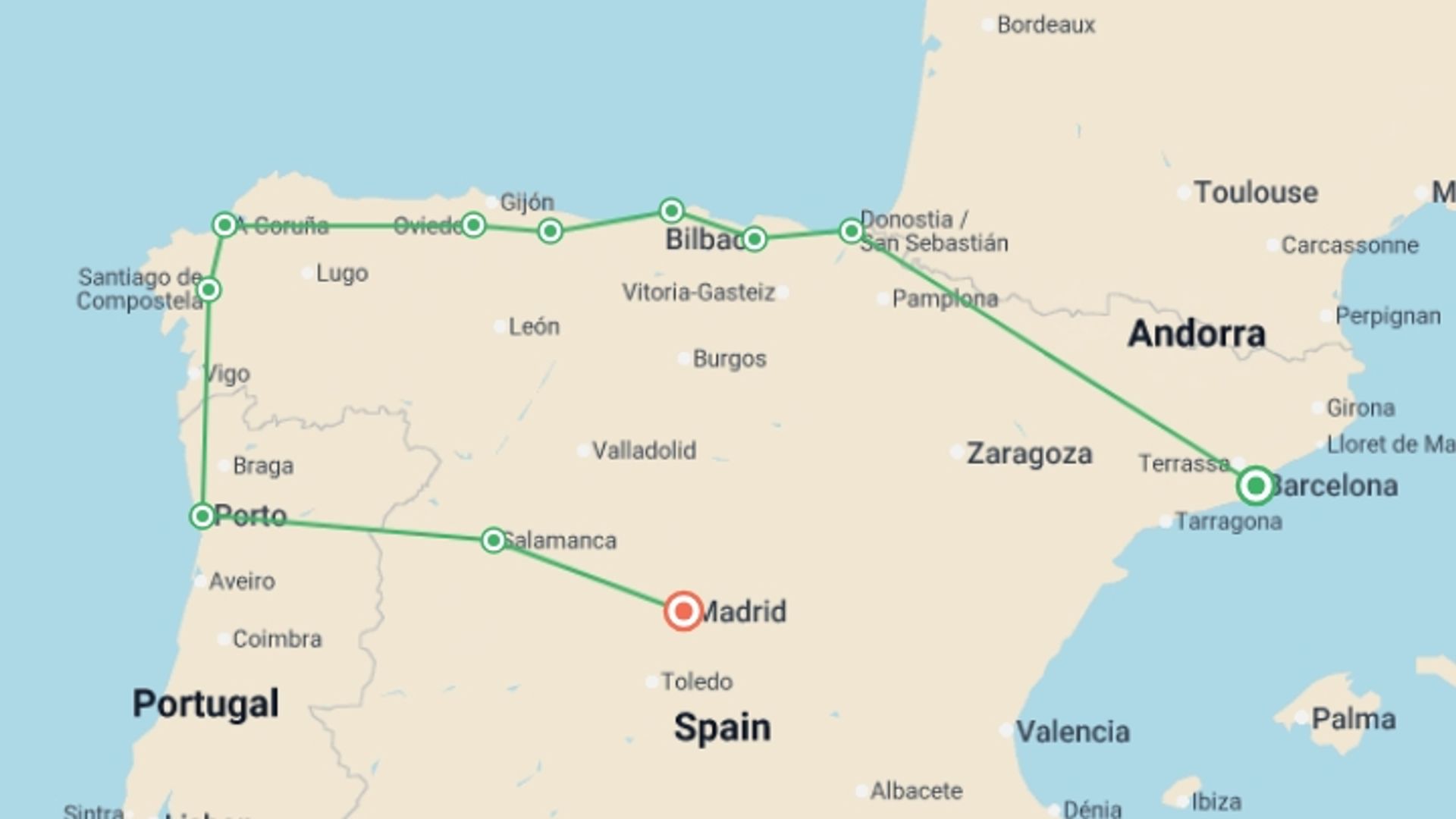 A map showing the tour itinerary for the trip: 8 Day North Of Spain Guided Tour From Barcelona (c-782), starting in Zaragoza, Spain and ending in Zaragoza, Spain going through 8 other destinations.