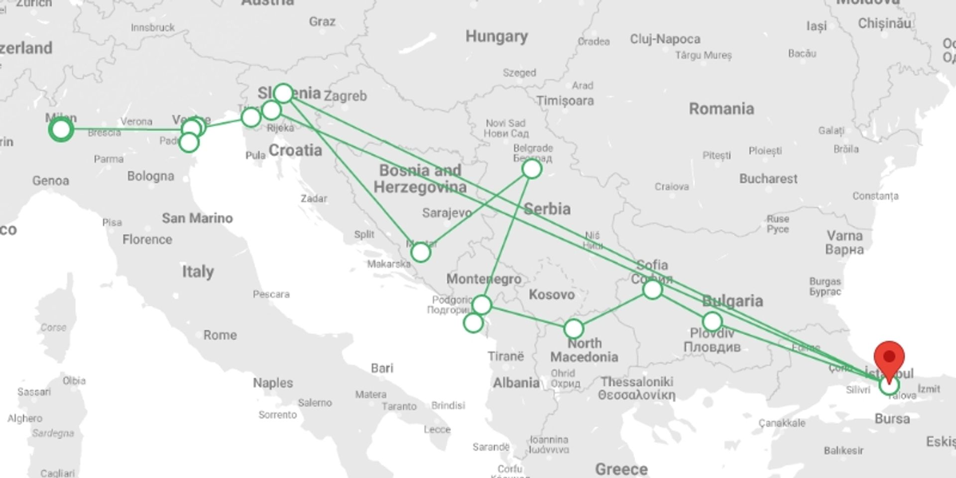 A map showing the tour itinerary for the trip: Cruise & Rail: Milan, Venice, Istanbul & the Balkans (2025), starting in undefined, Italy and ending in Istanbul, Turkey going through 7 other destinations.