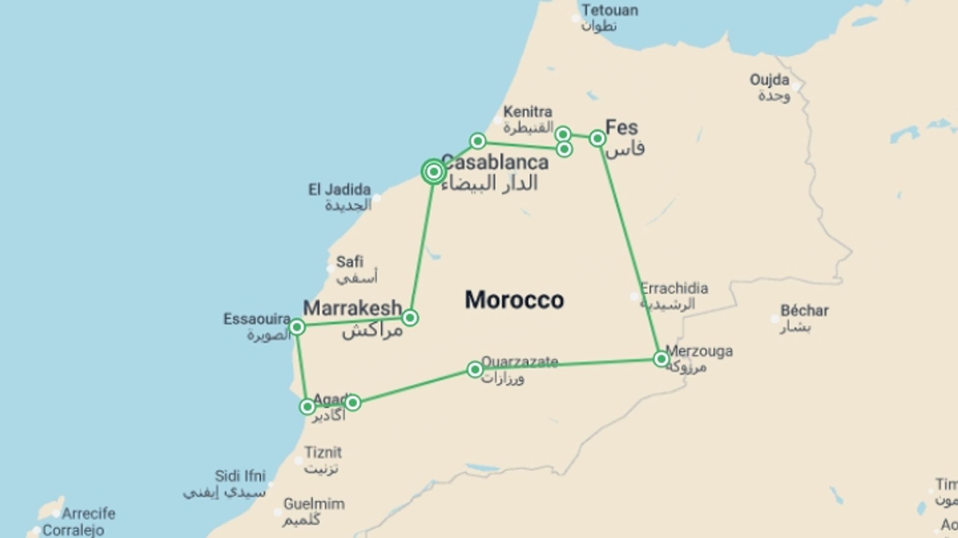 A map showing the tour itinerary for the trip: Casablanca to Marrakech With Essaouira - 12 days, starting in Casablanca, Morocco and ending in Casablanca, Morocco going through 7 other destinations.