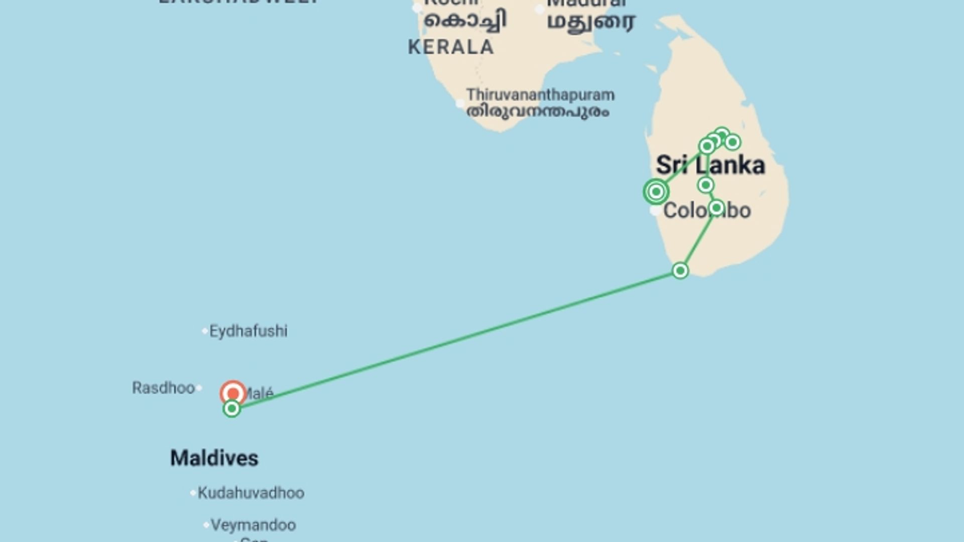 A map showing the tour itinerary for the trip: Sri Lanka & Maldives Discovery 12D/11N, starting in Negombo, Sri Lanka and ending in Male, Maldives going through 5 other destinations.