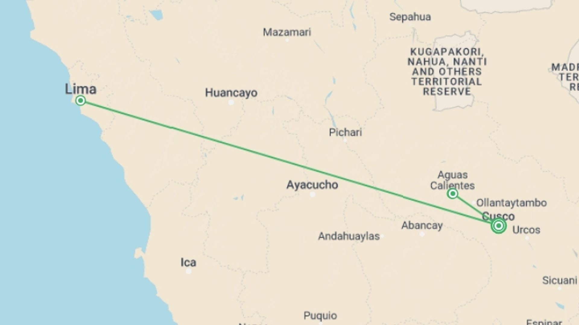 A map showing the tour itinerary for the trip: Cusco / Machu Picchu Tour By Train, starting in Cusco, Peru and ending in Cusco, Peru going through 3 other destinations.