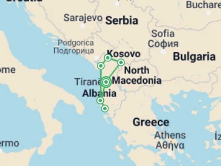 Map itinerary of Tirana Tour in July 2026 with 4 destination visits for the trip: Albania Beaches and Peaks