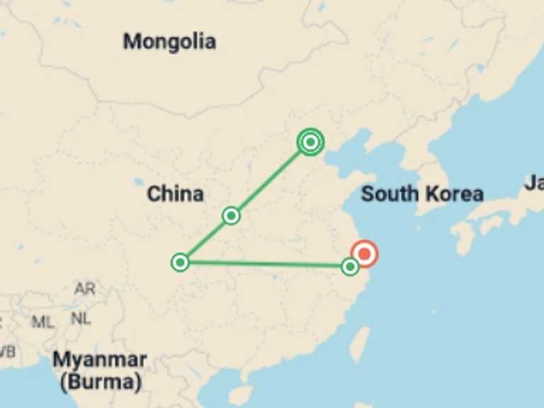 Map of China Tour with 5 destination visits for the trip: Beijing & Hangzhou to Shanghai (4-5 Star) - 13 days