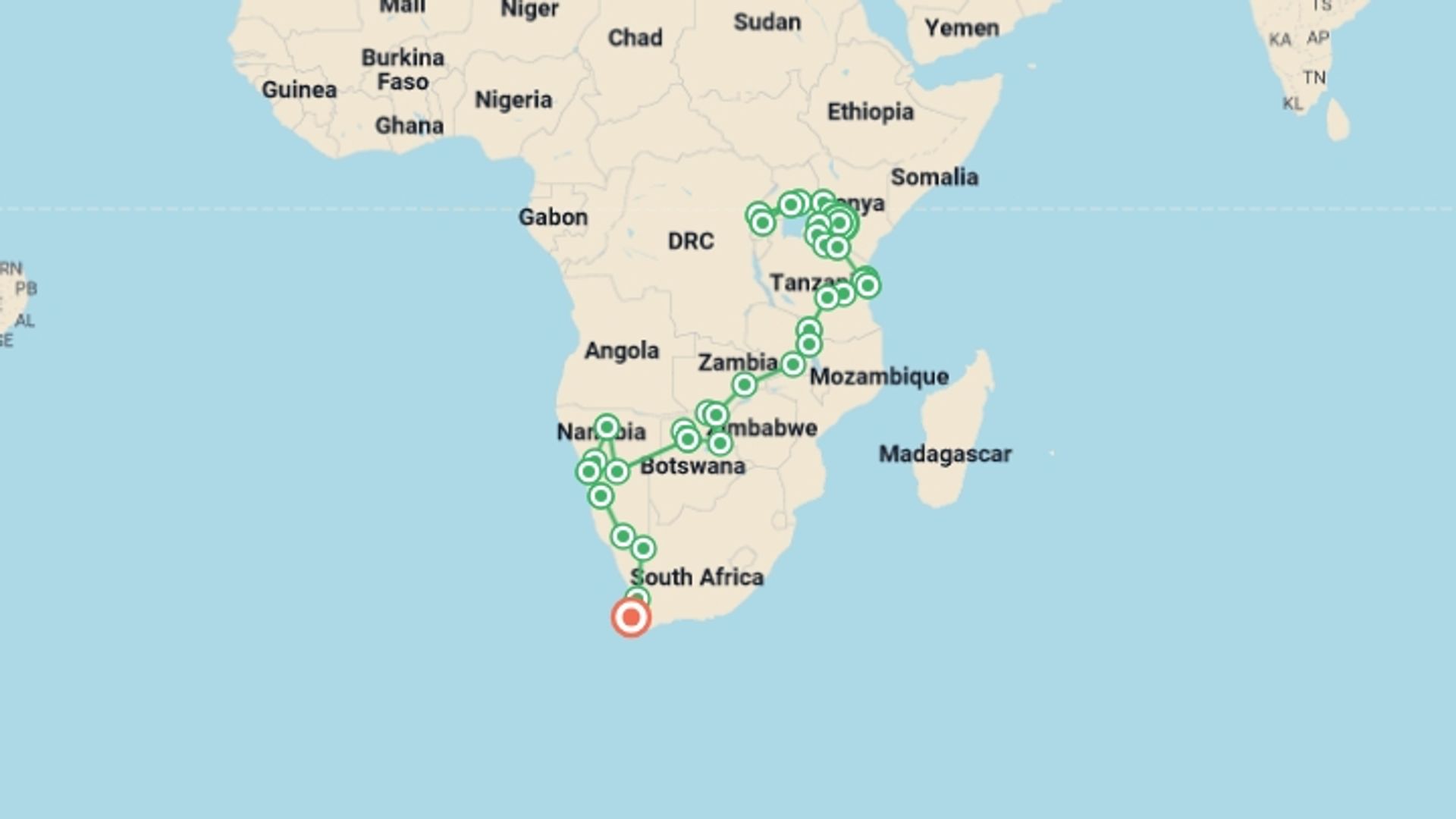 A map showing the tour itinerary for the trip: 58-day Gorillas to Cape Town Accommodated, starting in Nairobi, Kenya and ending in Cape Town, South Africa going through 34 other destinations.