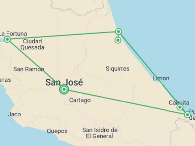 Map of San Jose Self-drive or vehicle rental Tour with 8 destination visits for the trip: Volcanoes, Nature And Caribbean, Self-drive