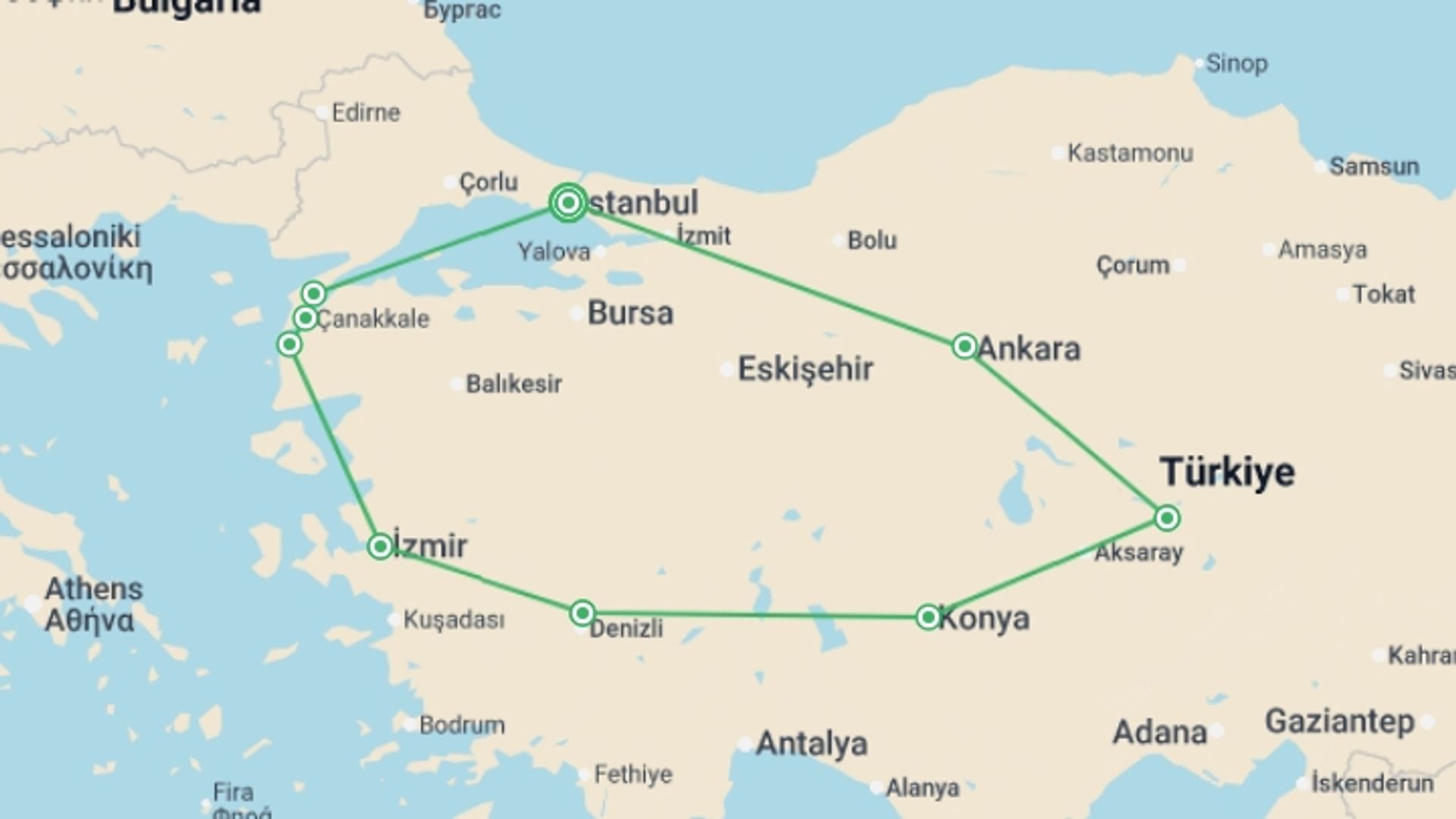 A map showing the tour itinerary for the trip: Wonders of Turkey, starting in Istanbul, Turkey and ending in Istanbul, Turkey going through 5 other destinations.