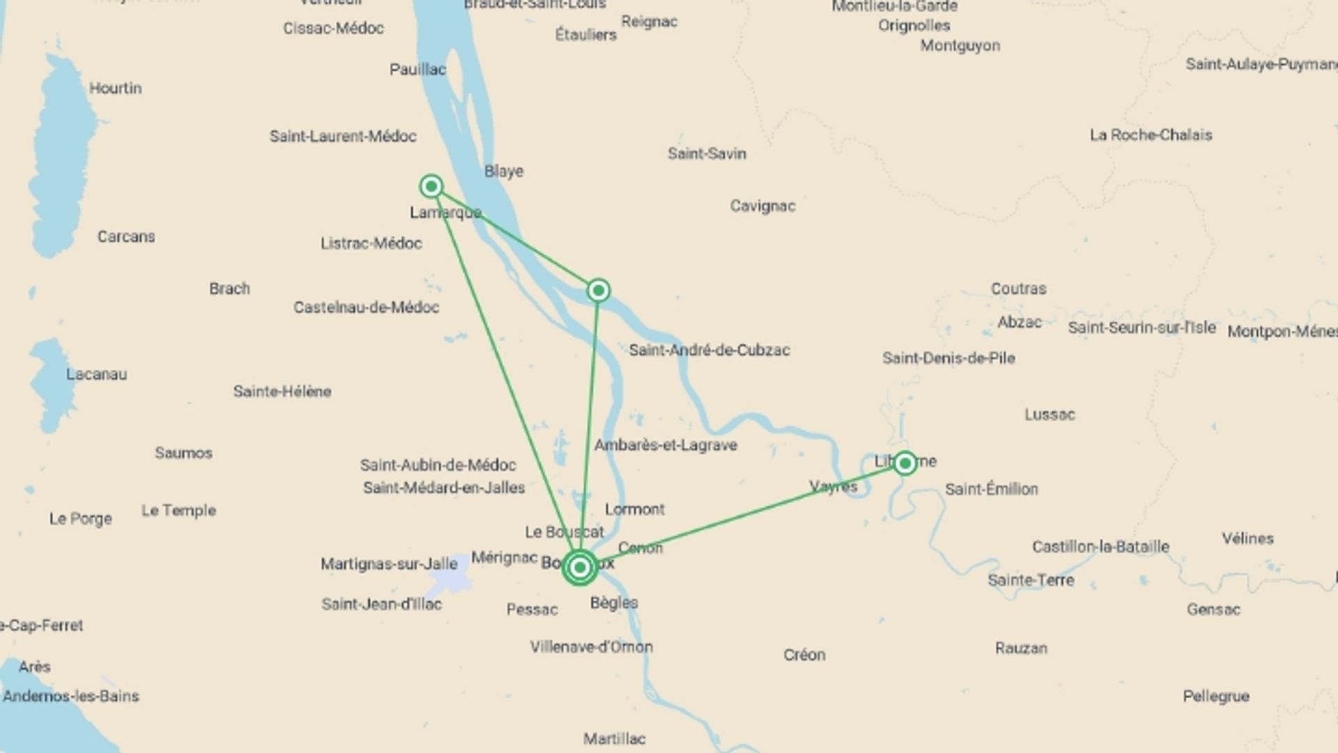 A map showing the tour itinerary for the trip: Brilliant Bordeaux (2027), starting in Bordeaux, France and ending in Bordeaux, France going through 3 other destinations.