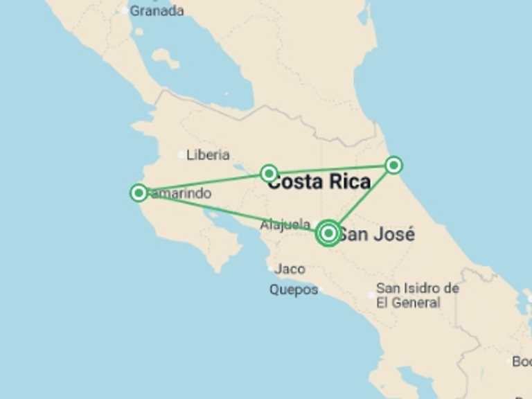 Map of Costa Rica Tour with 4 destination visits for the trip: Captivating Costa Rica - 9 days