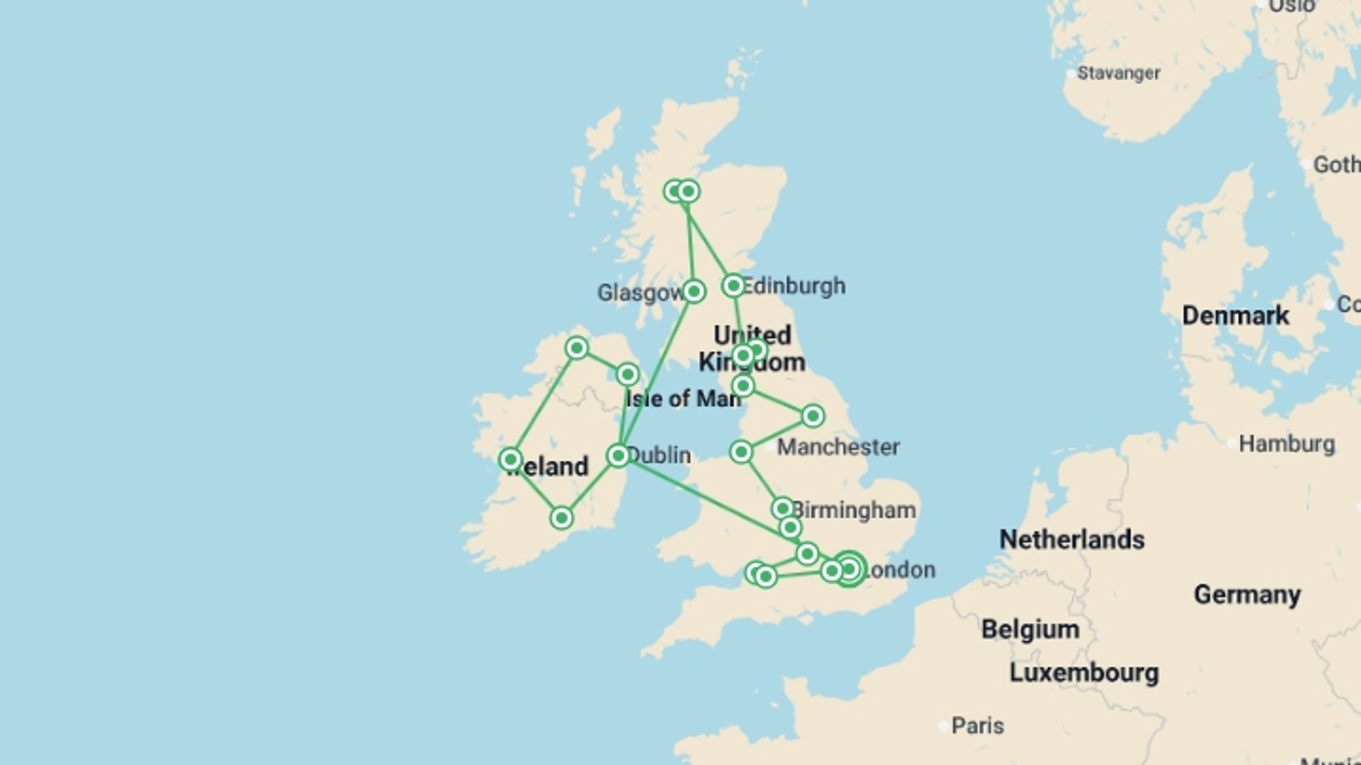 A map showing the tour itinerary for the trip: Great Britain and Ireland Reunion 35 to 45, starting in London, England and ending in London, England going through 13 other destinations.