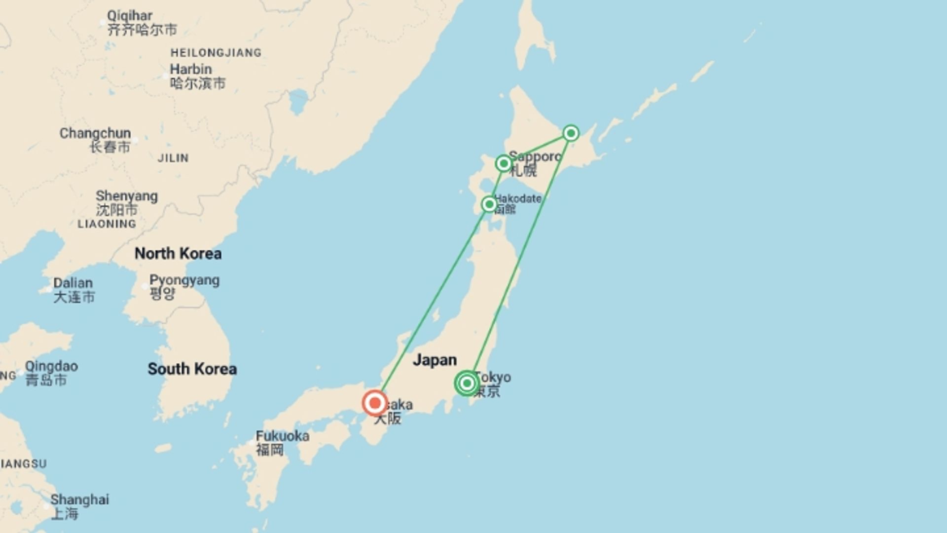 A map showing the tour itinerary for the trip: Japan Sapporo Snow Festival, starting in Tokyo, Japan and ending in Kyoto, Japan going through 3 other destinations.